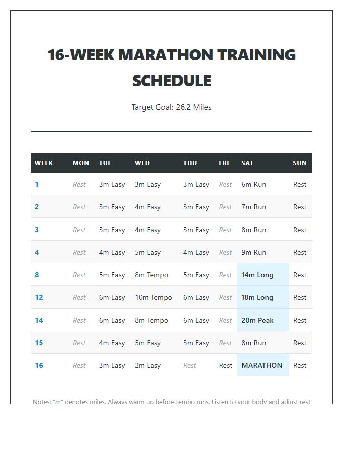 Sixteen Week Marathon Training Running Schedule Printable Chart
