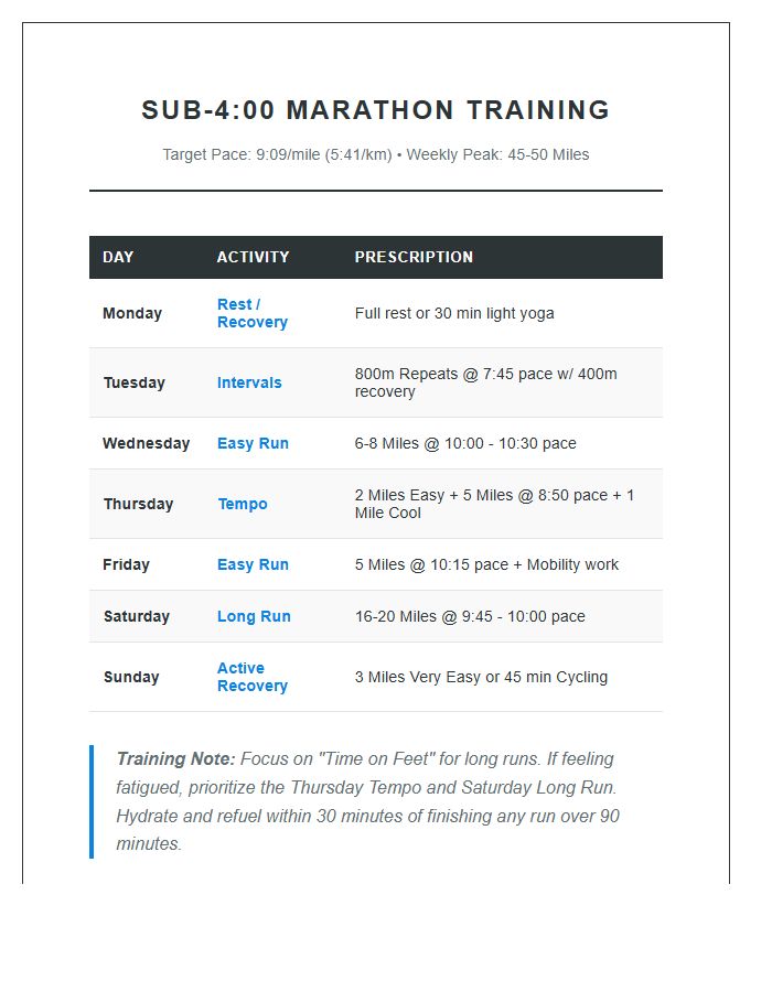 Sub Four Hour Marathon Training Running Schedule Printable Chart