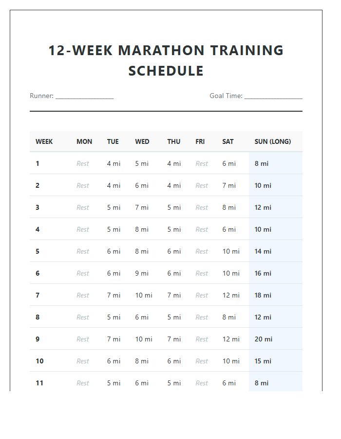 Twelve Week Marathon Training Running Schedule Printable Chart