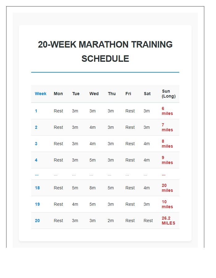 Twenty Week Marathon Training Running Schedule Printable Chart