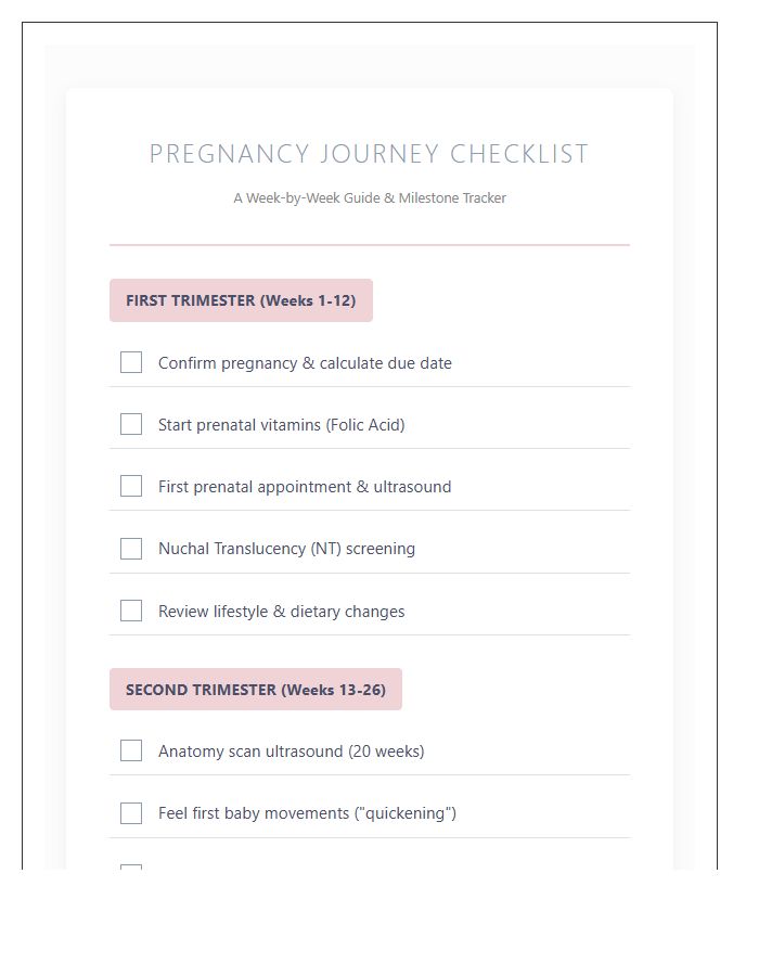 Comprehensive Pregnancy Milestone Printable Checklist Chart