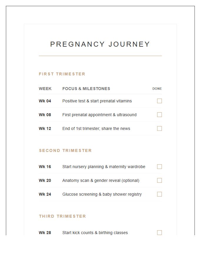 Minimalist Pregnancy Milestone Printable Schedule Chart