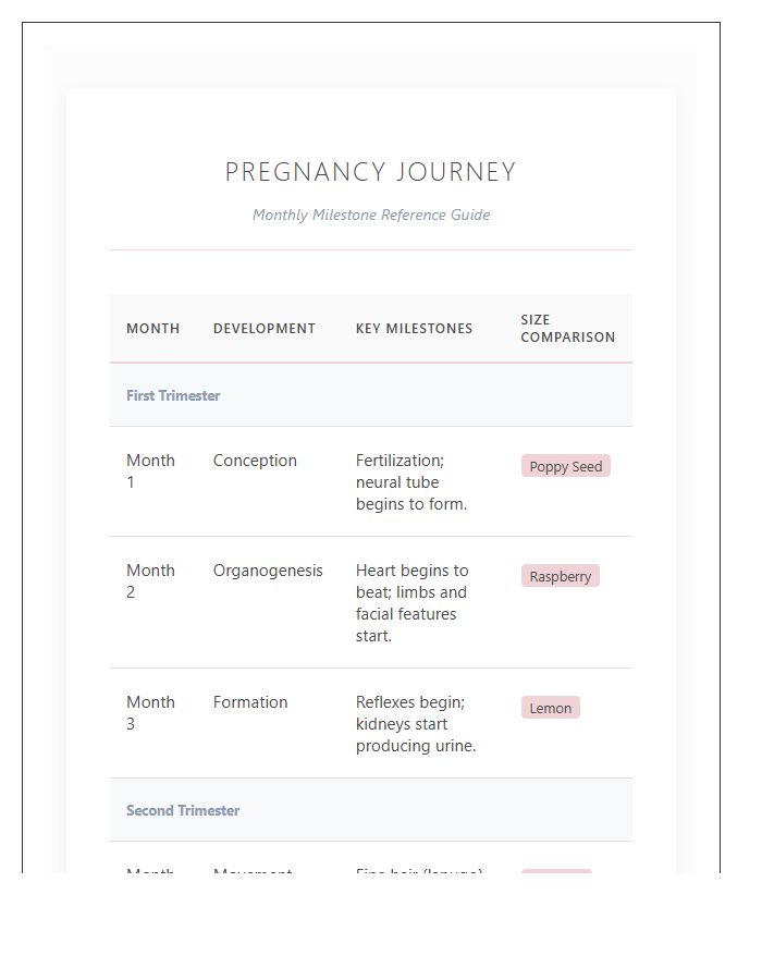 Monthly Pregnancy Milestone Printable Reference Chart
