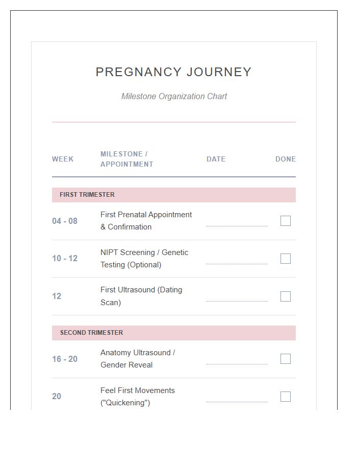 Pregnancy Milestone Printable Organization Chart