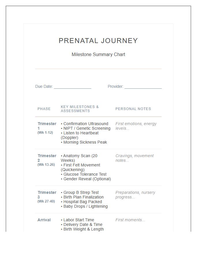 Prenatal Journey Printable Milestone Summary Chart