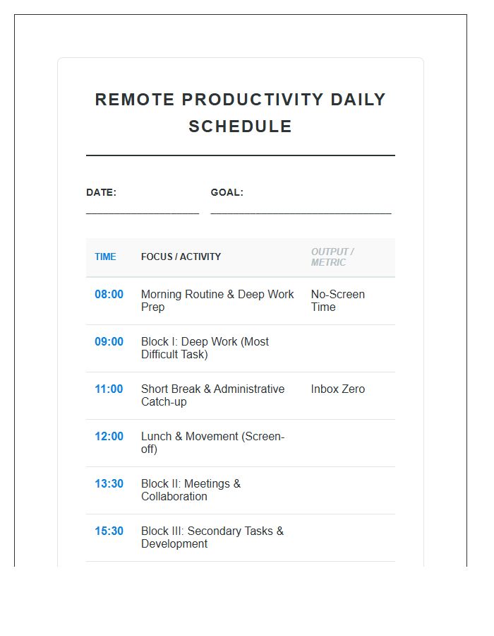Comprehensive Remote Productivity Schedule Printable Chart