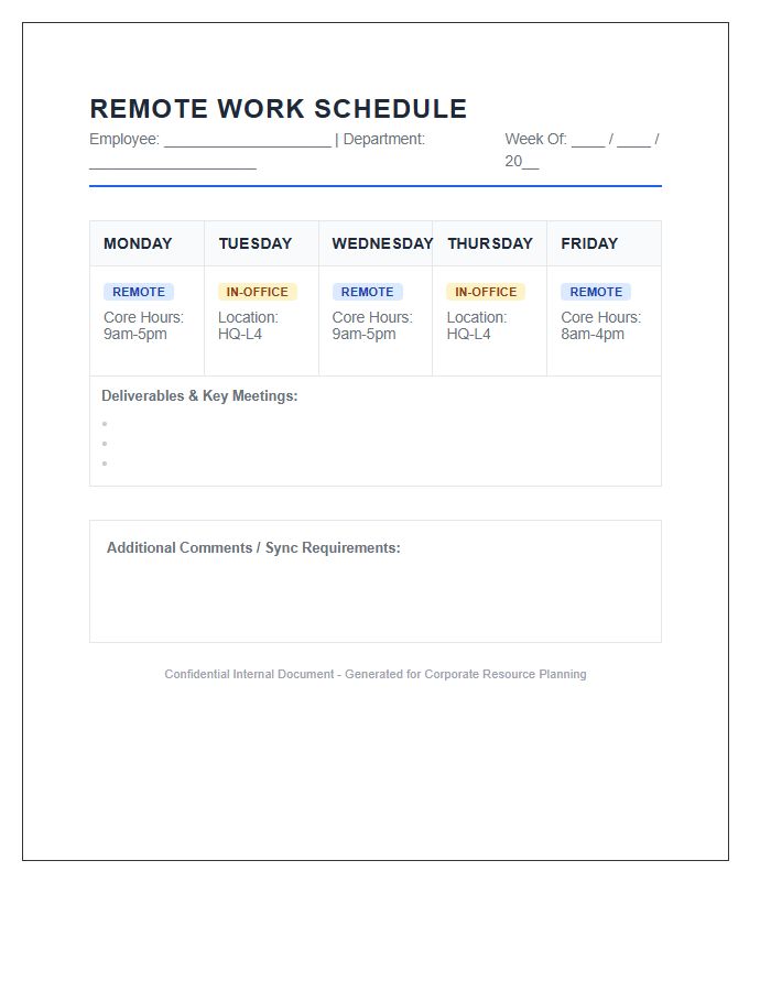 Corporate Remote Work Schedule Printable Chart