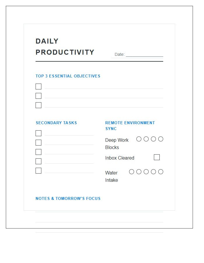Daily Remote Productivity Goals Printable Chart
