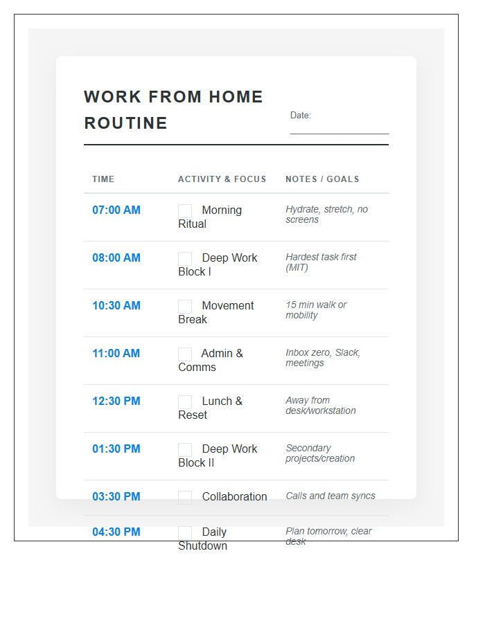 Detailed Work From Home Routine Printable Chart