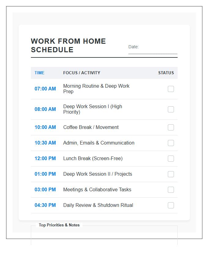 Productive Work From Home Schedule Printable Chart