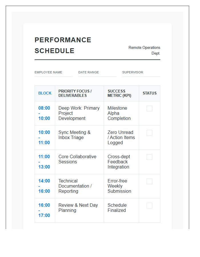 Remote Employee Performance Schedule Printable Chart