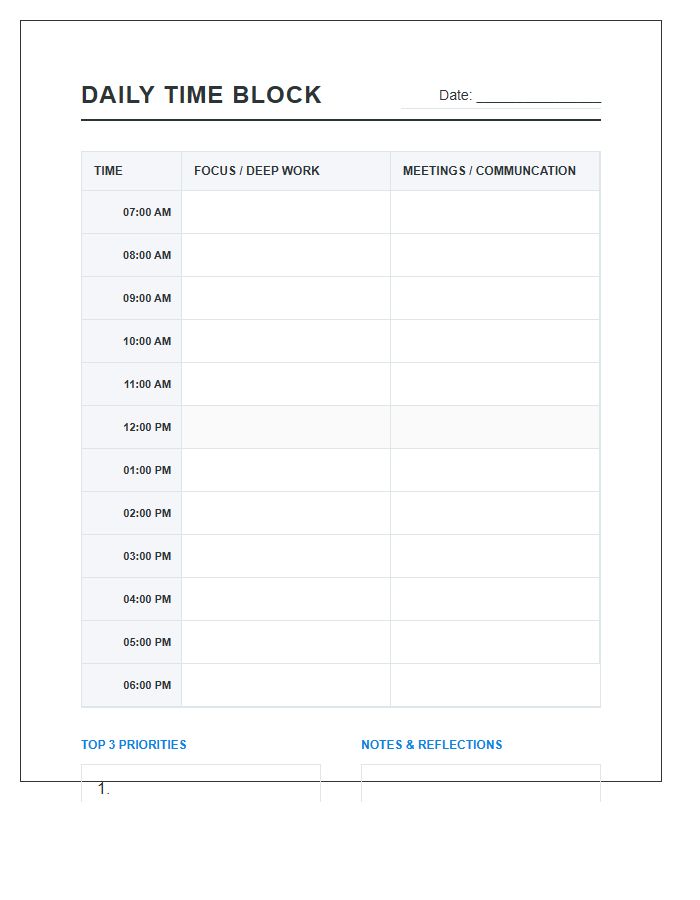 Remote Job Time Blocking Printable Chart