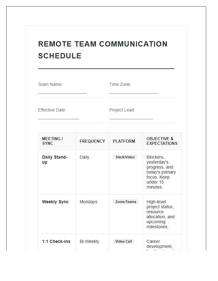 Remote Team Communication Schedule Printable Chart