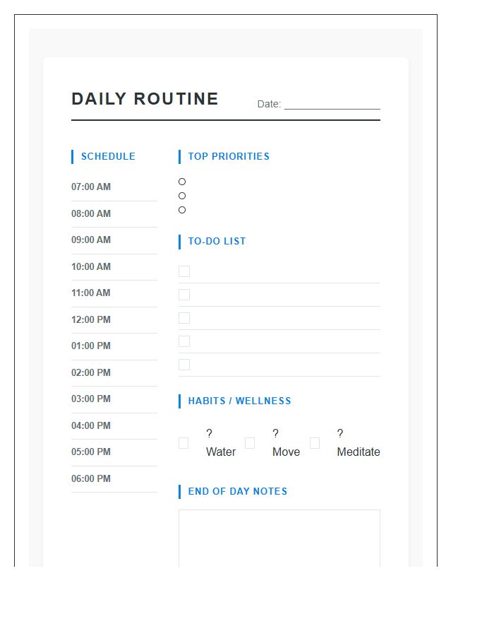Remote Work Daily Routine Printable Chart