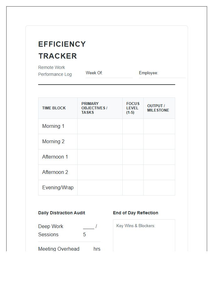 Remote Work Efficiency Tracking Printable Chart