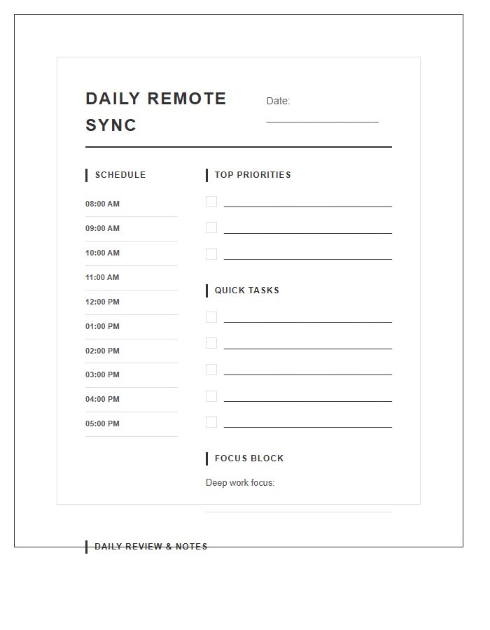 Structured Remote Work Day Printable Chart
