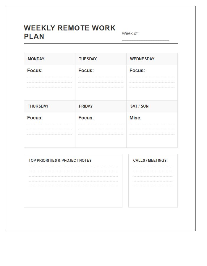Weekly Remote Work Planning Printable Chart
