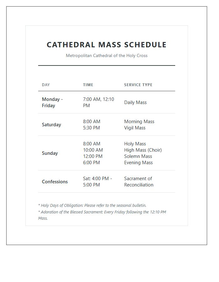 Cathedral Mass Weekly Schedule Printable Chart