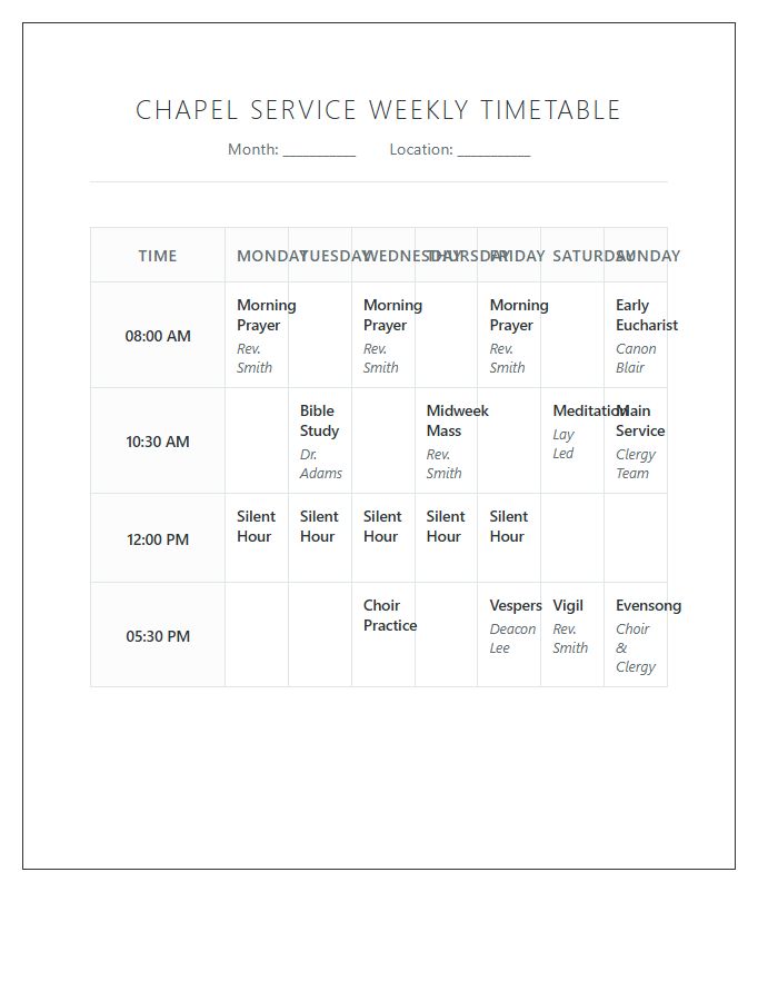 Chapel Service Weekly Timetable Printable Chart