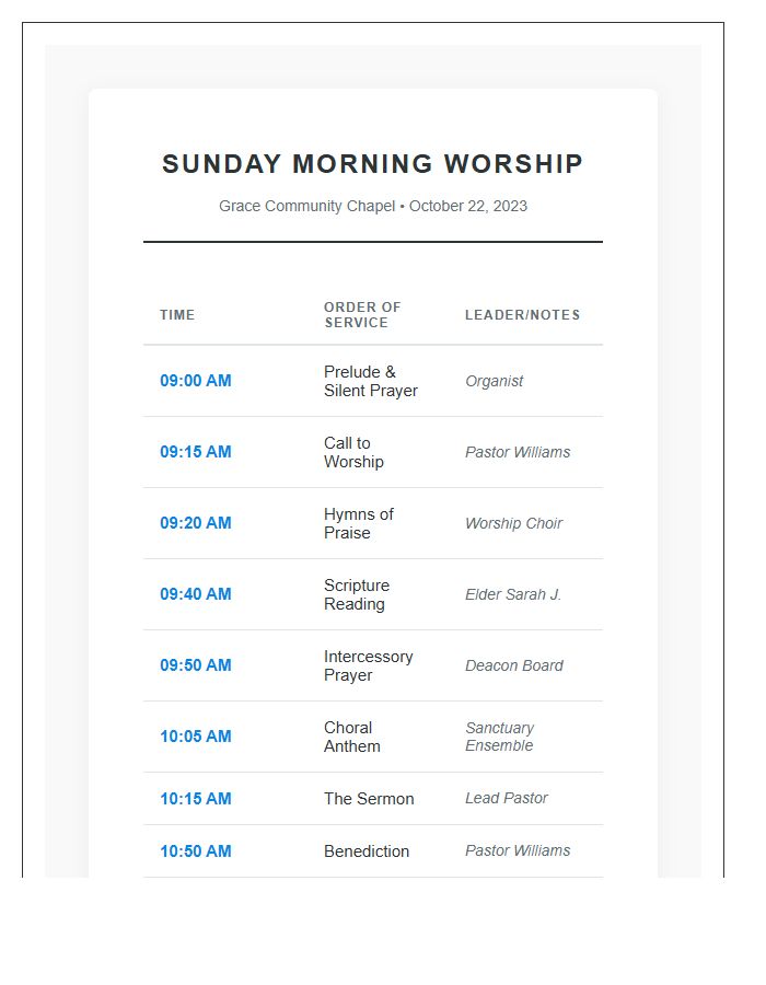Church Worship Event Schedule Printable Chart