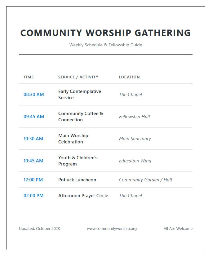 Community Worship Gathering Schedule Printable Chart