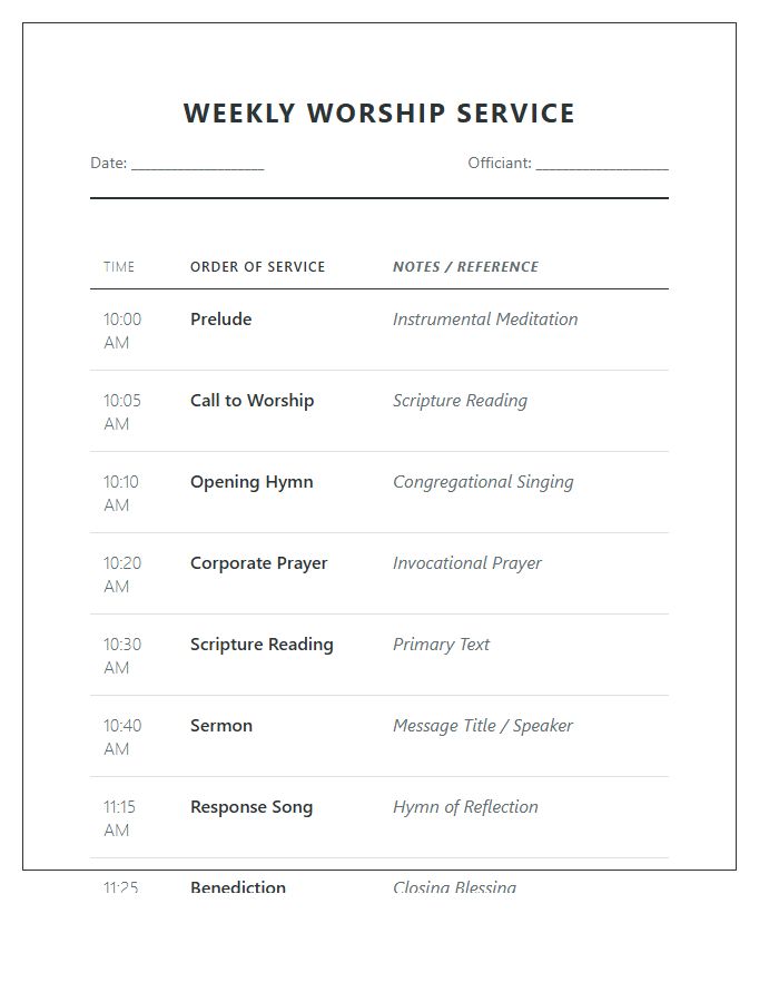 Congregational Weekly Worship Service Printable Chart