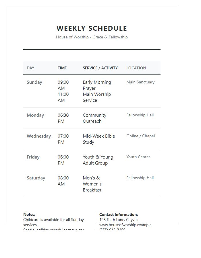 House Of Worship Weekly Schedule Printable Chart