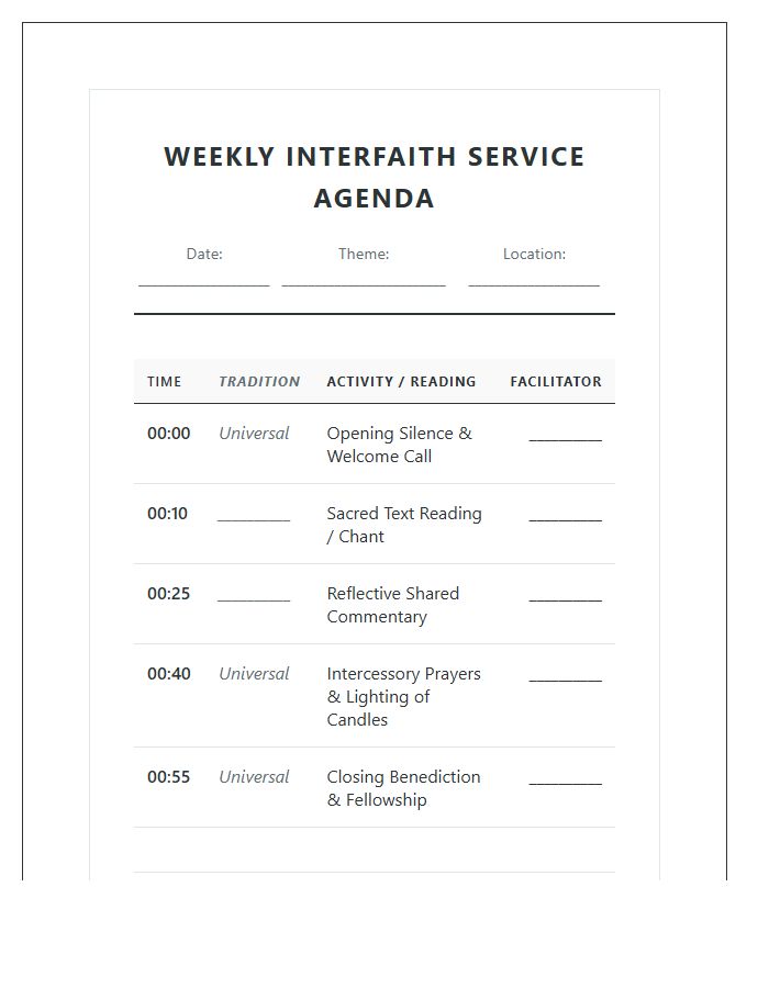 Interfaith Service Weekly Agenda Printable Chart