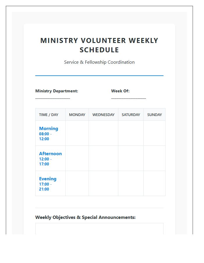 Ministry Volunteer Weekly Schedule Printable Chart