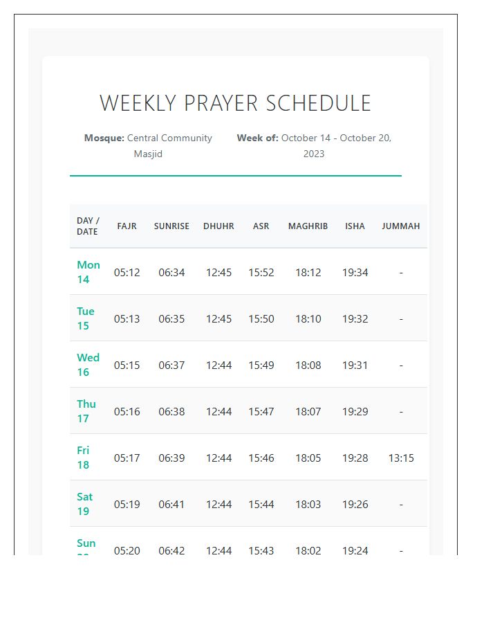 Mosque Prayer Times Weekly Printable Chart