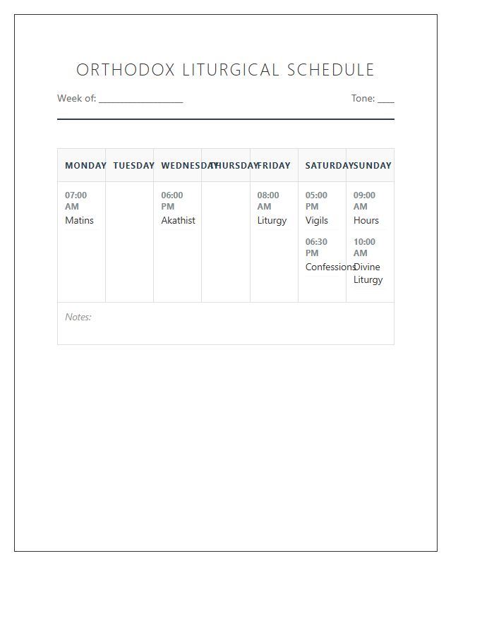 Orthodox Liturgical Weekly Schedule Printable Chart