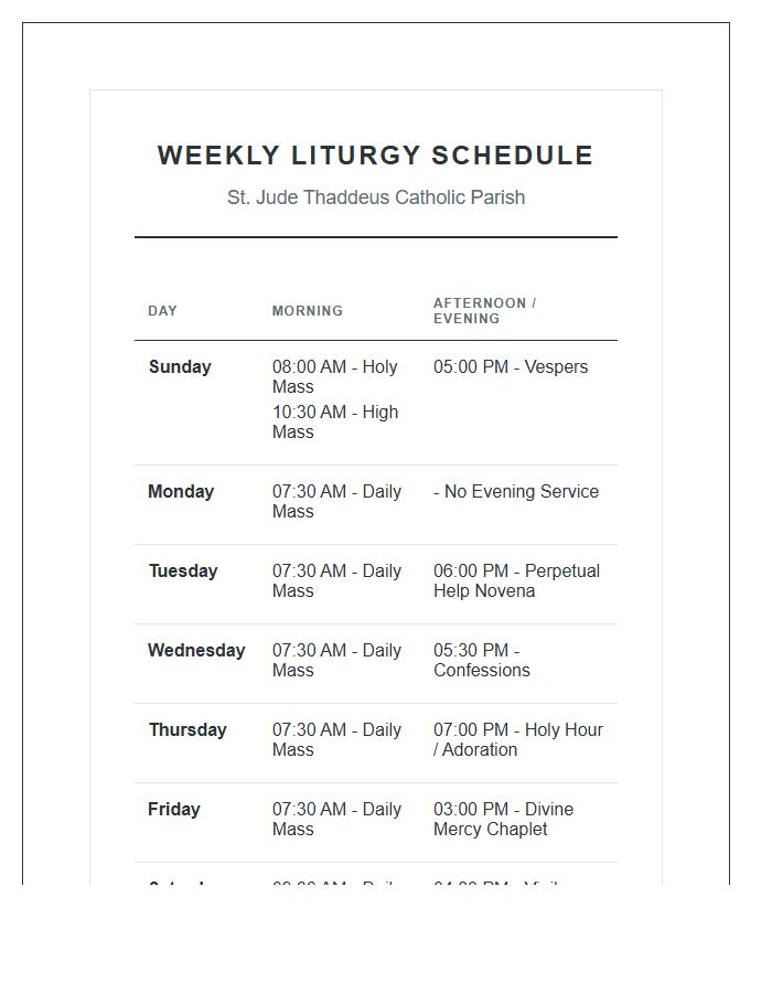 Parish Weekly Liturgy Schedule Printable Chart