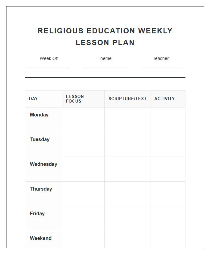 Religious Education Weekly Lesson Printable Chart