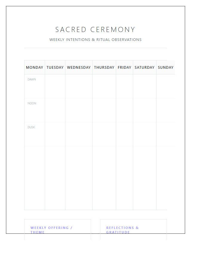 Sacred Ceremony Weekly Calendar Printable Chart