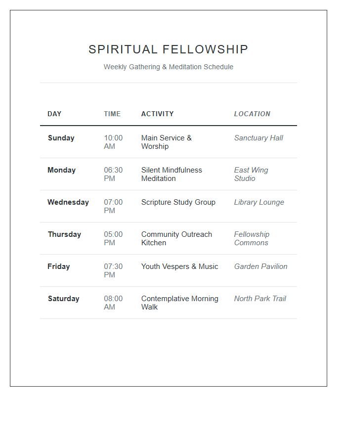 Spiritual Fellowship Weekly Schedule Printable Chart