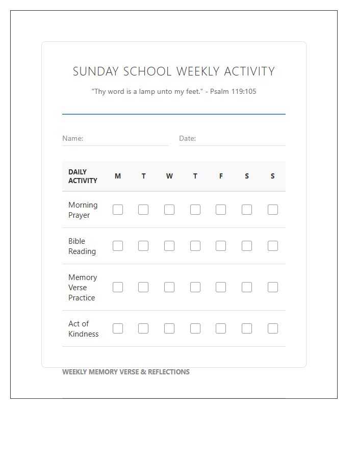 Sunday School Weekly Activity Printable Chart