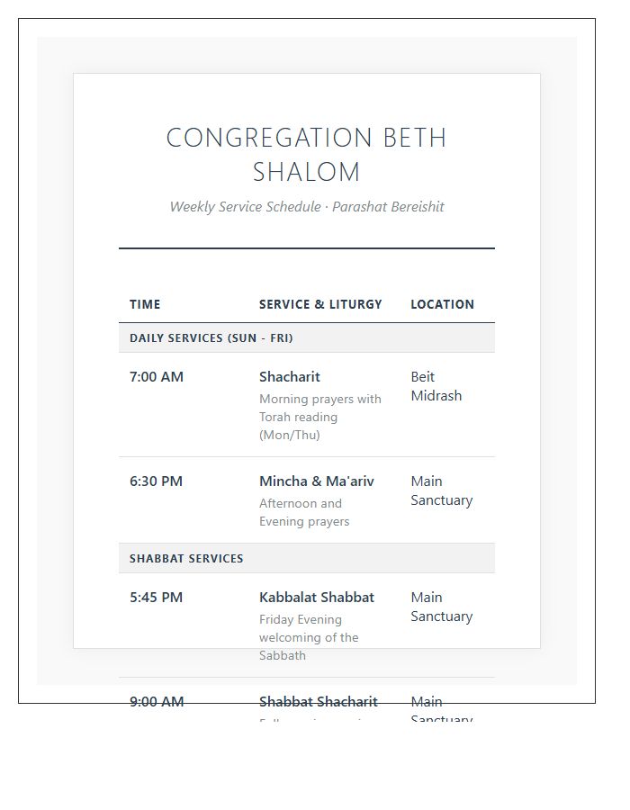 Synagogue Weekly Service Program Printable Chart