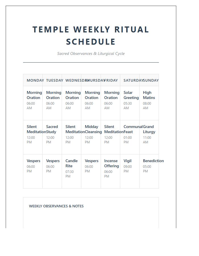 Temple Weekly Ritual Schedule Printable Chart
