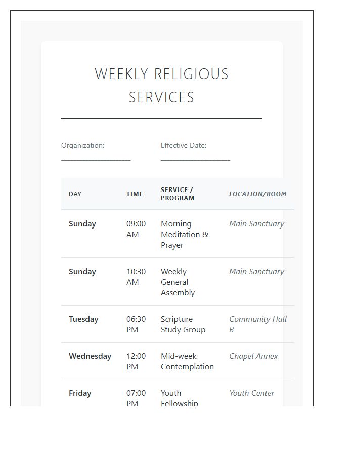 Weekly Religious Services List Printable Chart