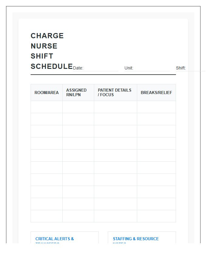 Charge Nurse Shift Schedule Printable Chart