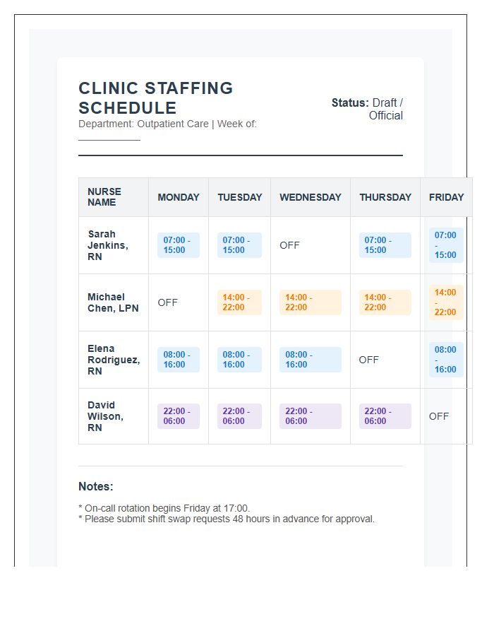 Clinic Nurse Shift Schedule Printable Chart