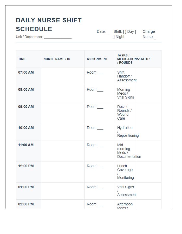 Daily Hospital Nurse Shift Schedule Printable Chart