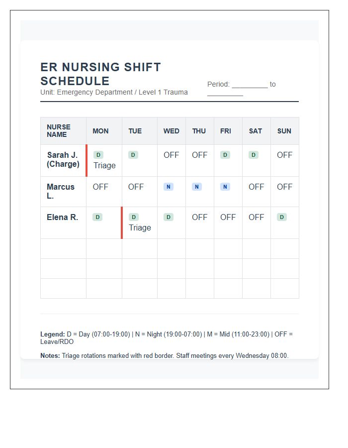 Emergency Room Nurse Shift Schedule Printable Chart