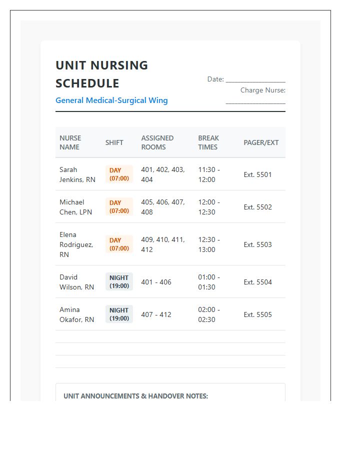 Hospital Unit Nursing Shift Schedule Printable Chart