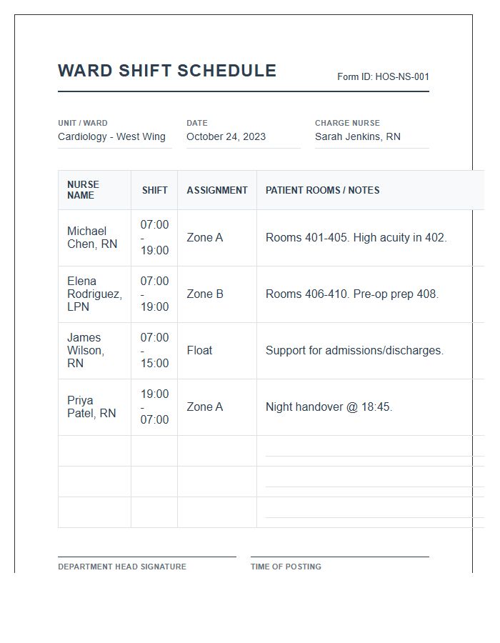 Hospital Ward Nurse Shift Schedule Printable Chart