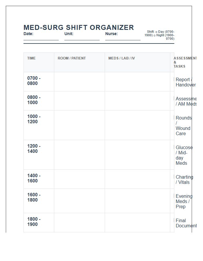 Medical Surgical Nurse Shift Schedule Printable Chart