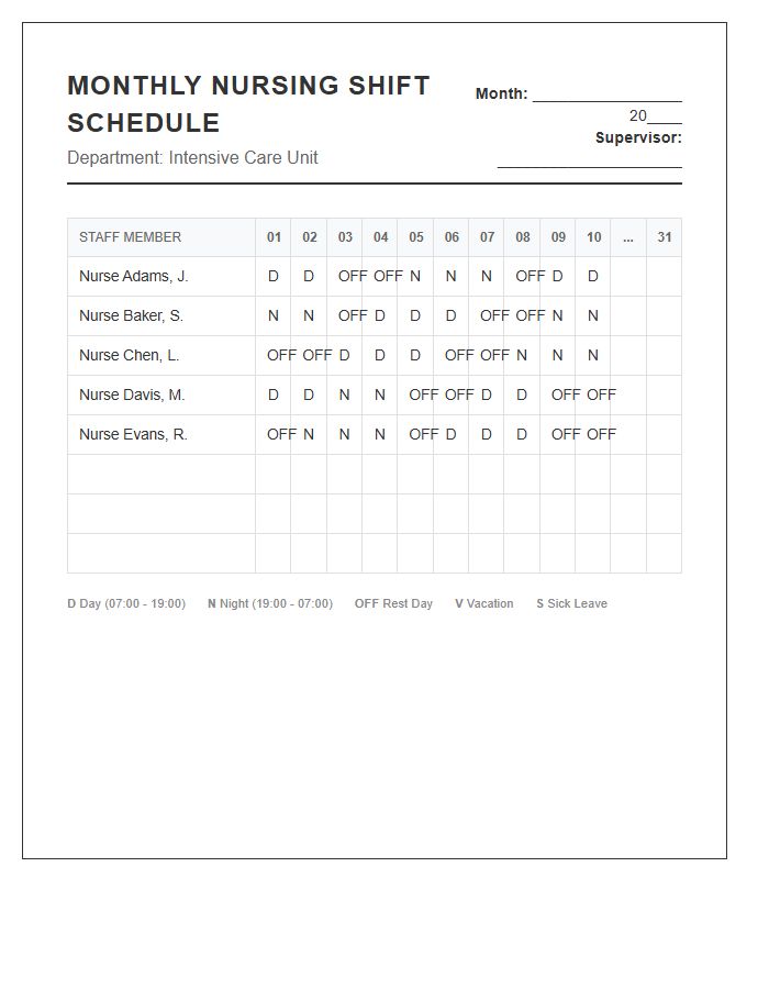 Monthly Nursing Staff Shift Schedule Printable Chart