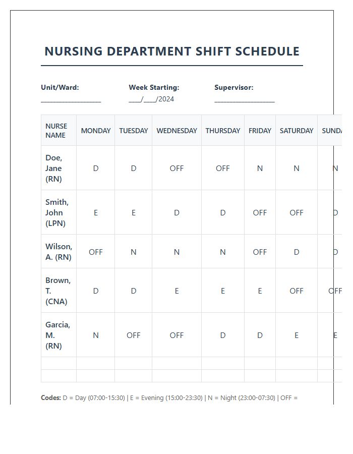 Nursing Department Shift Schedule Printable Chart