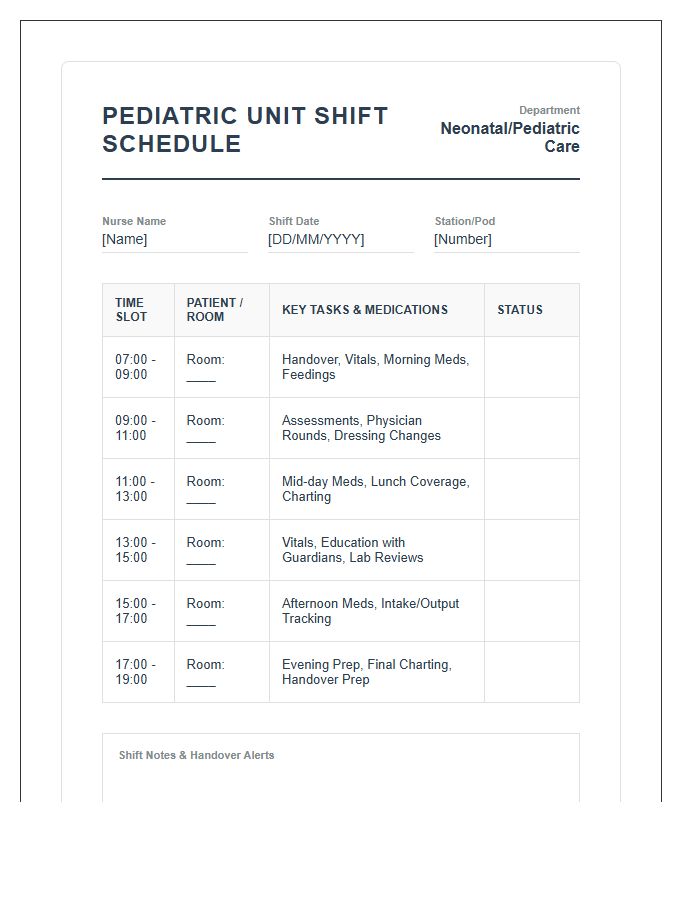 Pediatric Nurse Shift Schedule Printable Chart