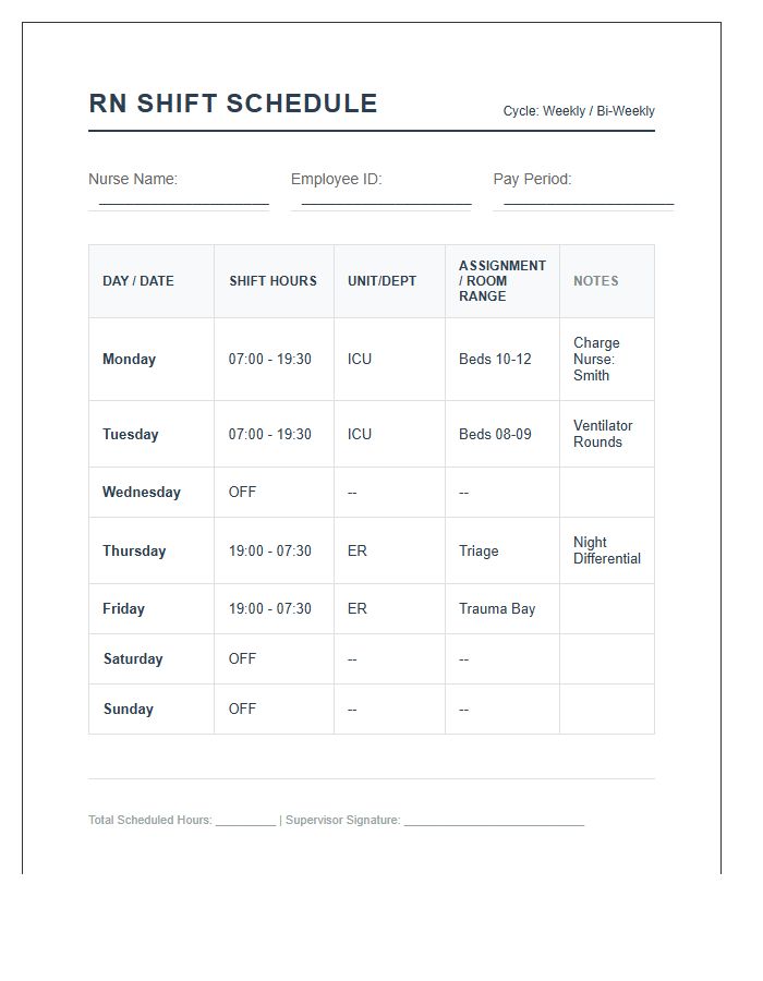 Registered Nurse Shift Schedule Printable Chart